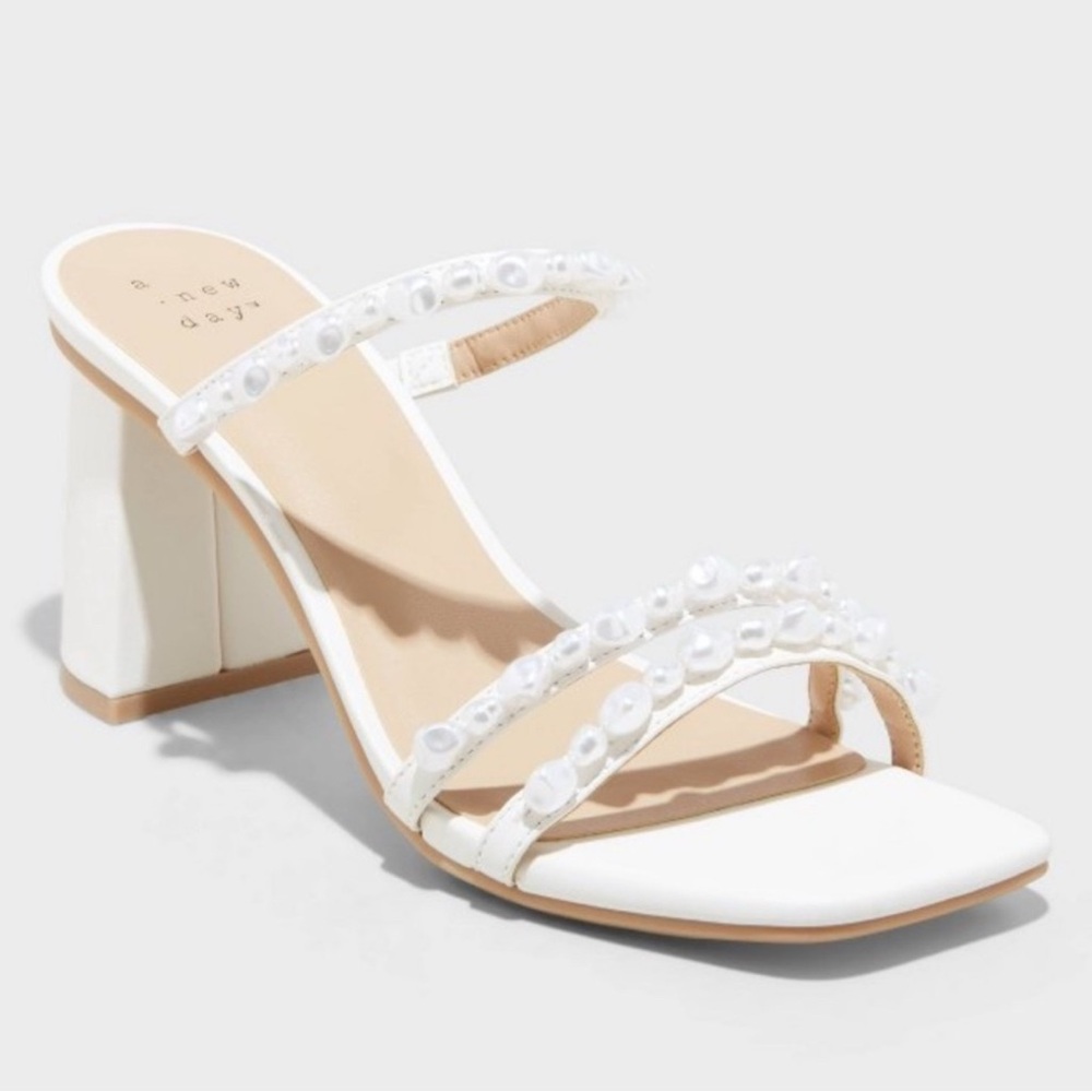 A New Day Pearl Stacy Sandals with Pearl Accent Open Square Toe Strap Block Heel